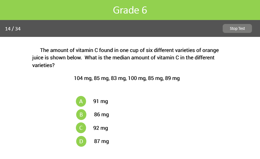 Data Analysis, Statistics, and Probability Grade 6 test sample screenshot.