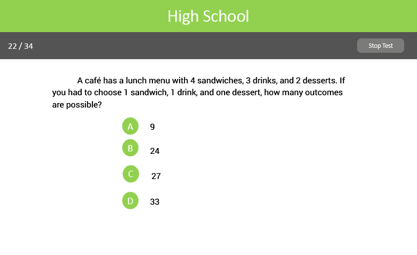 Data Analysis, Statistics, and Probability High School test sample screenshot.