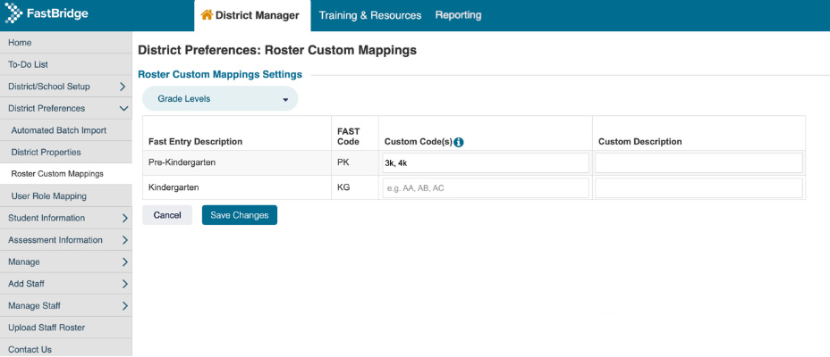 Fastbridge District Preferences: Roster Custom Mappings