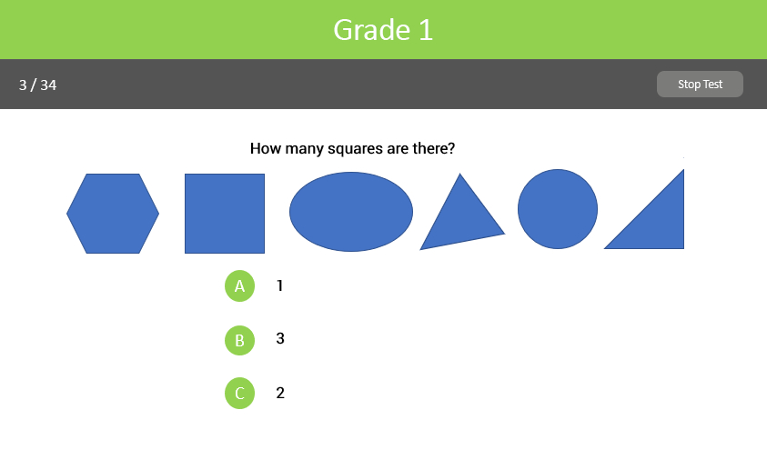 Geometry Grade 1 test sample screenshot.